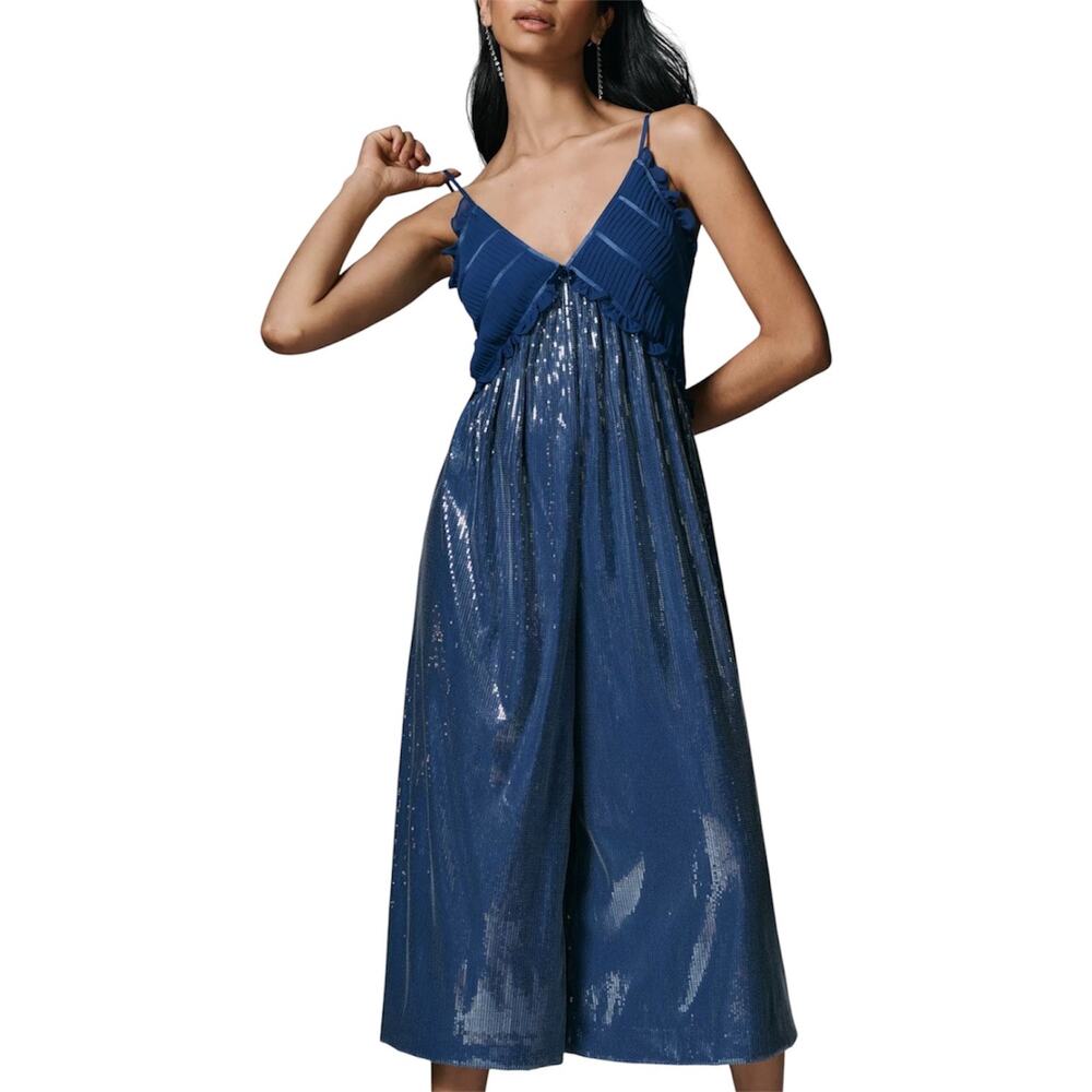 Maeve Anthropologie Fluid Shine Sequin Ruffle Crop Jumpsuit Women’s Medium NWT